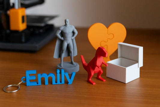 Custom 3D printed items including a keychain, superhero figurine, dinosaur, heart puzzle and box made by JT3DPRINT